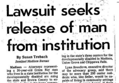 Newspaper article clipping with headline Lawsuit seeks release of man from institution