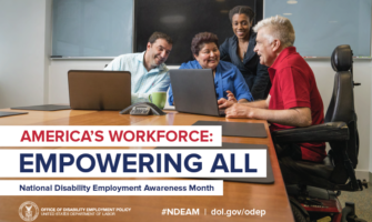 America's Workforce: Empowering All - National Disability Employment Awareness Month - diverse group of people sitting around a conference table looking at laptops, one older individual is in a scooter.