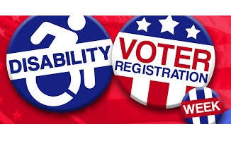 Button labeled Disability with wheelchair logo and button labeled Voter registration with stars and stripes