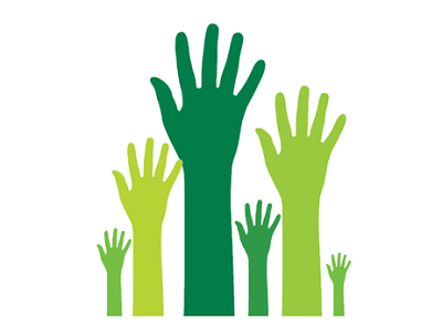 silhouette of several hands raised in the air